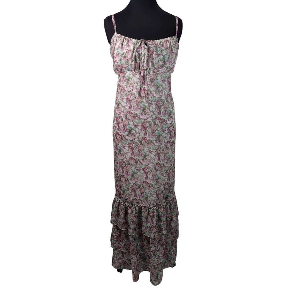 Angie Women's Maxi Floral Feminine Flowy Cottagecore Tiered Summer Dress Sz M